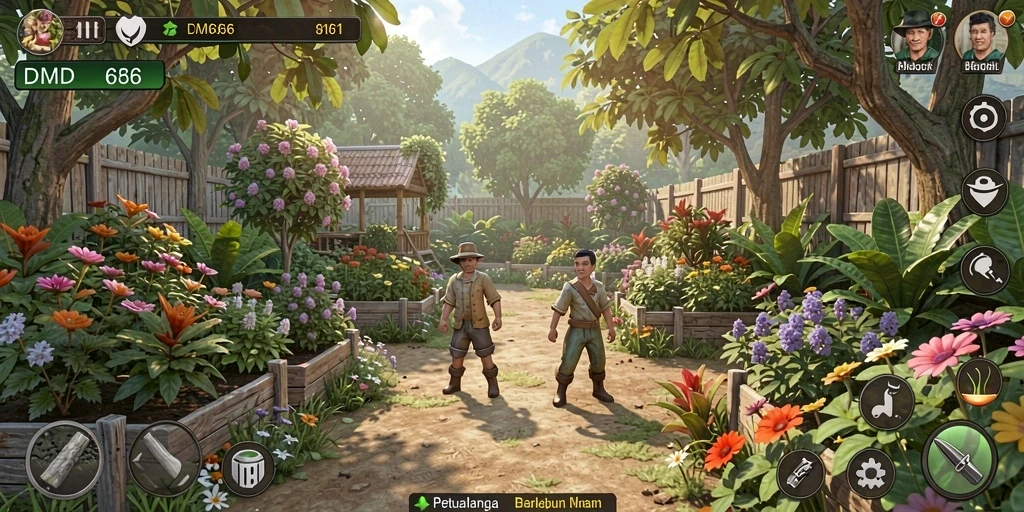 Screenshot DMD686 menampilkan ladang hijau subur dan aktivitas berkebun yang seru.