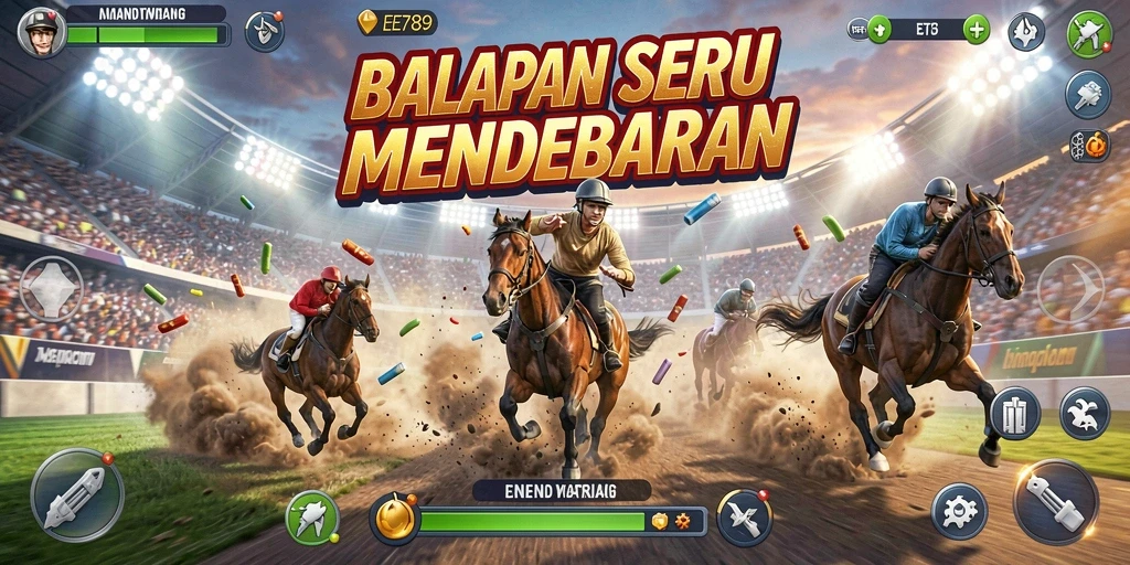 Tampilan gameplay seru di trek balap EE789 dengan mobil cepat.