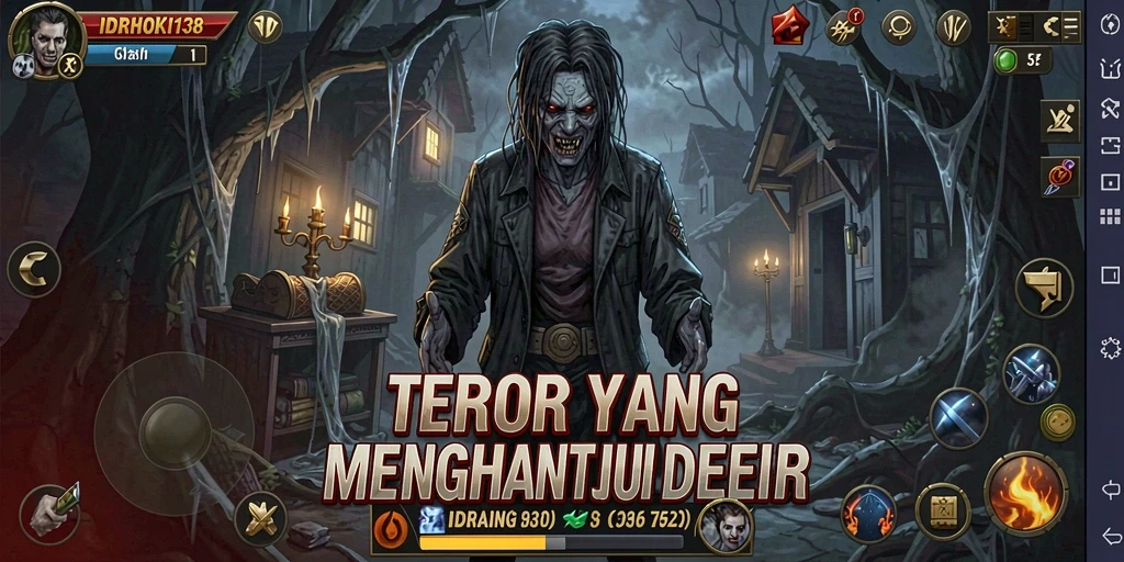 Tampilan gameplay menegangkan dari IDRHOKI138 saat menjelajahi ruangan angker.