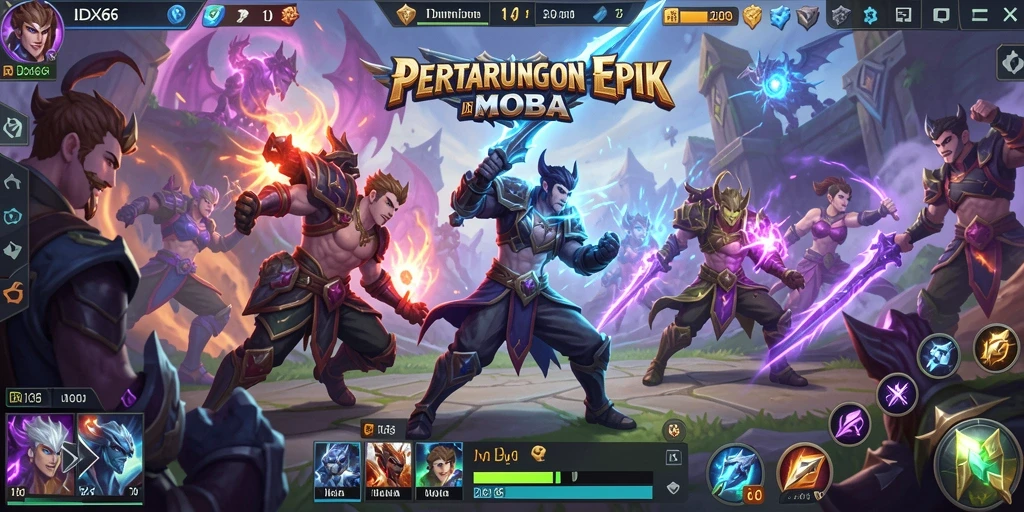 Screenshot dari pertarungan epik dalam game MOBA IDX66.