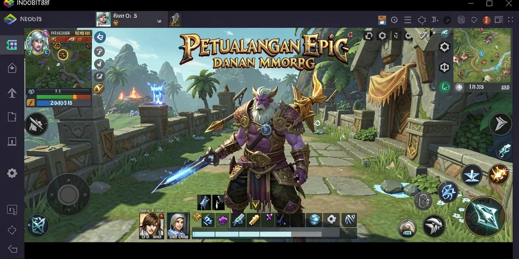 Screenshot gameplay seru dari INDOBIT88, menunjukkan pertarungan epik dalam dunia MMORPG.