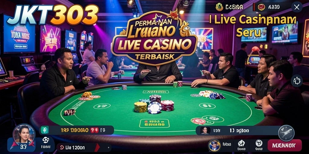 Screenshot utama JKT303 menampilkan dealer profesional dan suasana permainan Live Casino