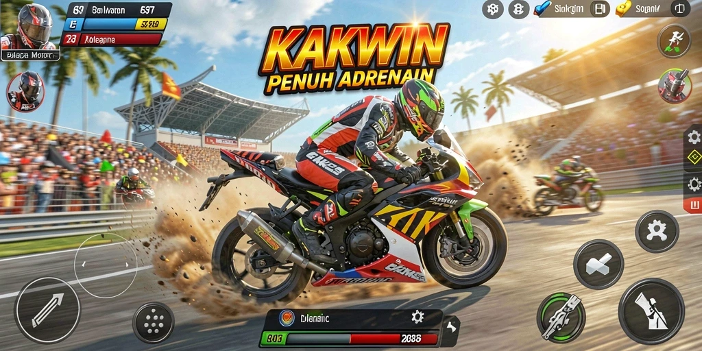 Screenshot utama KAKWIN yang menunjukkan aksi balapan motor yang mendebarkan.