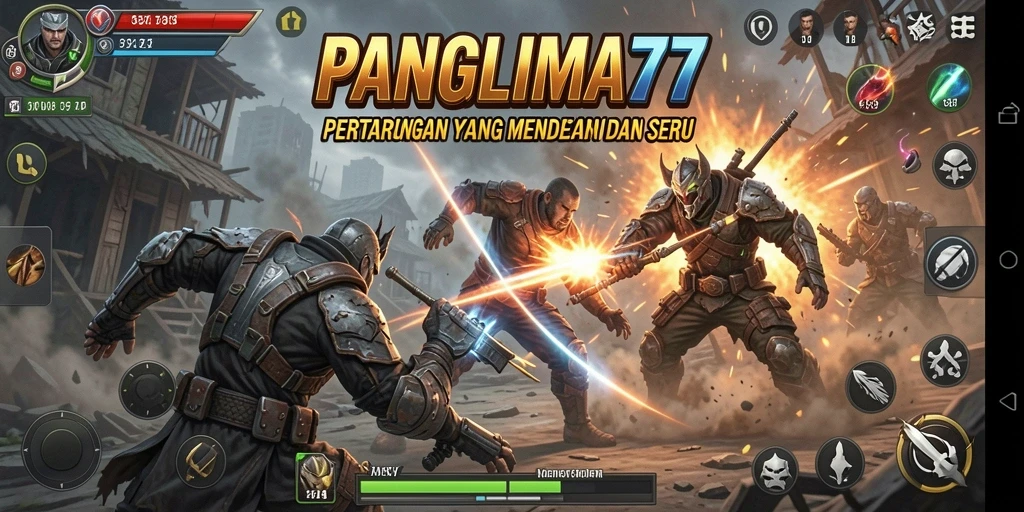 Screenshot gameplay PANGLIMA77 menampilkan pertarungan seru antara dua karakter.