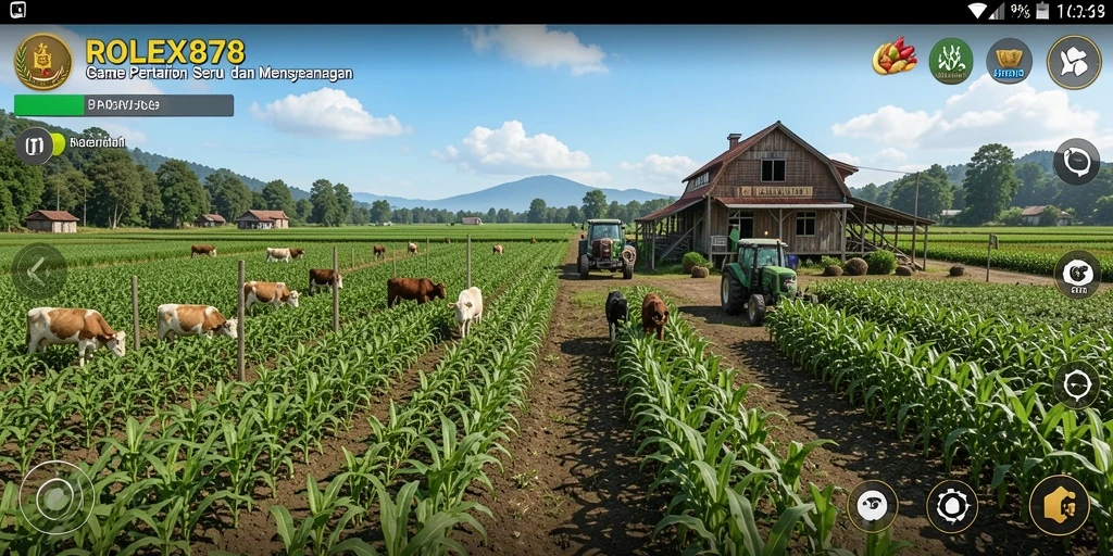 Screenshot gameplay ROLEX878 menunjukkan ladang yang subur dan hewan ternak yang bahagia.